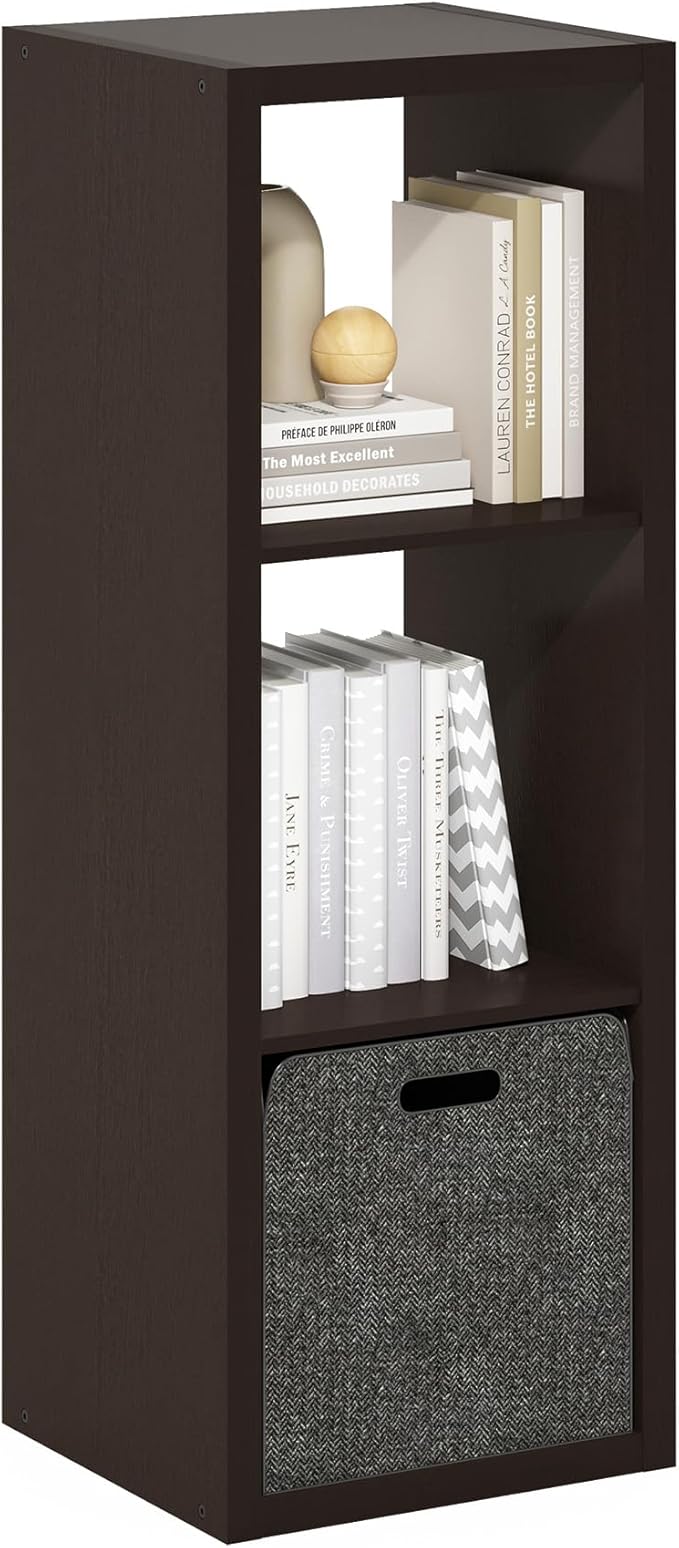 Furinno Cubicle Book Shelf, 3-Cube Bookshelf, Extra Thick Frame Horizontally & Vertically Reversible Bookcase with Open Back, 14.6" x 16" x 44", for Living Room, Bedroom, Home Office, Black Dark Oak
