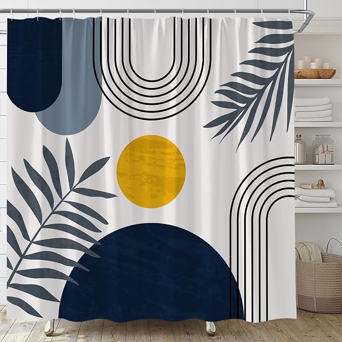 Mid Century Modern Shower Curtain Boho Navy Blue Abstract Retro Aesthetic Fabric for Bathroom Decor Bathtub with Hooks (70" WX78 H)
