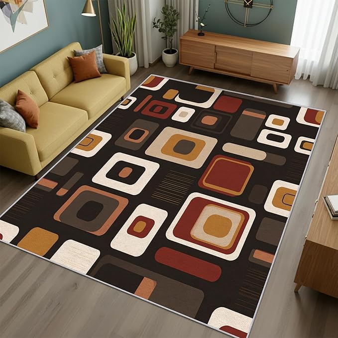 Mid-Century Modern Rug 5x7 70s Retro Geometric Pattern Area Rugs for Living Room, Bedroom, Mid-Century Modern Home Decor Accessories Indoor Carpet, Non Slip & Machine Washable, GD0637