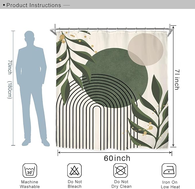 Miyotaa Green Abstract Shower Curtain Set 60Wx71H Inches Neutral Leaves Geometric Minimalist Aesthetic Plant Mid Century Modern Vintage Polyester Waterproof Bathroom Curtain with 12 Hooks