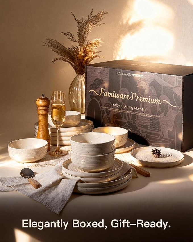 Plates and Bowls Sets for 6 (18-Piece) Stoneware Reactive Glaze Dinnerware with Speckles & Spirals, Chip and Scratch Resistant Flared Dishes Set with Gift Box, Microwave Dishwasher Safe, Shell Beige
