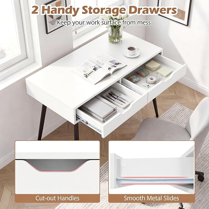 Giantex Mid-Century Desk with 2 Drawers, 42.5" Writing Study Desk with Tapered Legs, Home Office Computer Workstation PC Laptop Desk, Modern Makeup Vanity Table for Bedroom (White & Natural)