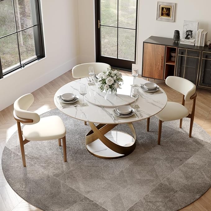 POVISON 51" Modern Round Dining Table with Lazy Susan for 4, Glossy White Round Dining Room Table, Sintered Stone Dining Tabletop with Bronze X Carbon Steel Base (Dining Table Only)