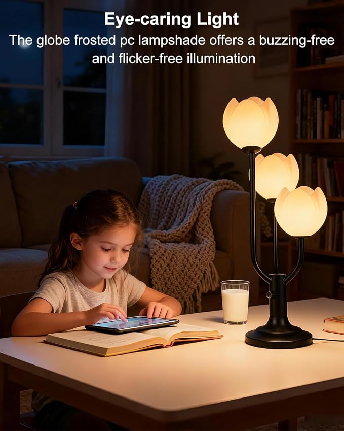 Lightdot Flower Table Lamp for Living Room Modern 3-Light Modern Mid Century Cute Desk Lamp 3000K Warmwhite Dimmable Bedside Nightstand Lamp for Bedroom Reading-Black