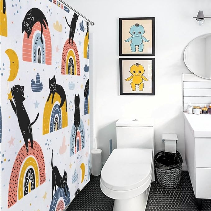 Boho Cats Shower Curtain Colorful Rainbow Black Cats Fantasy Pattern Duty Fabric Shower Curtains Set Bathroom Polyester Waterproof with 12 Hooks, 66x72Inch（168x183cm）