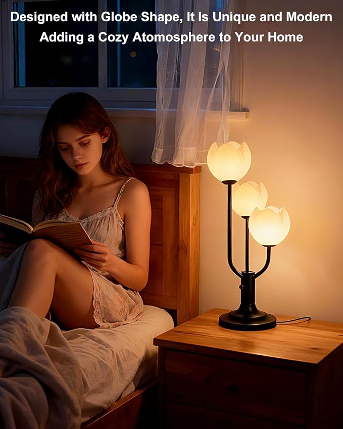 Lightdot Flower Table Lamp for Living Room Modern 3-Light Modern Mid Century Cute Desk Lamp 3000K Warmwhite Dimmable Bedside Nightstand Lamp for Bedroom Reading-Black
