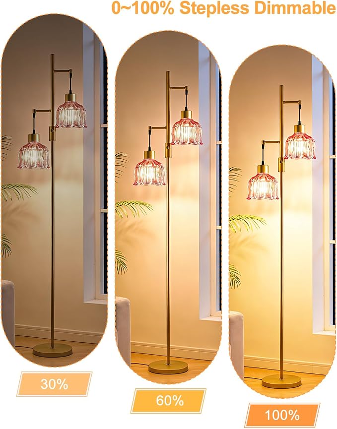 2-Light Modern Glass Floor Lamp, Gold Tall Standing Lamp with Deep Red Flower Glass Shade for Reading, Dimmable LED Floor Lamp with 5Lbs Heavy Base for Living Room Bedroom Home Decor, Bulb Included