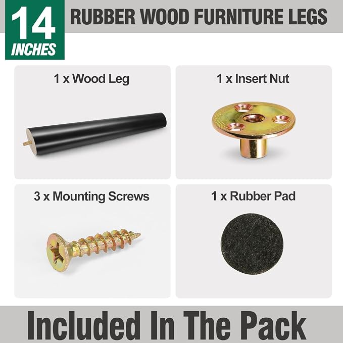 FoDau770 Black Rubber Wood Furniture Legs 14 Inches, 5/16" UNC Slant Tapered Wood Feet Mid Century Sofa Legs, Wooden Furniture Feet Replacement Parts for Cabinet Couch Dresser Chair Ottoman Table