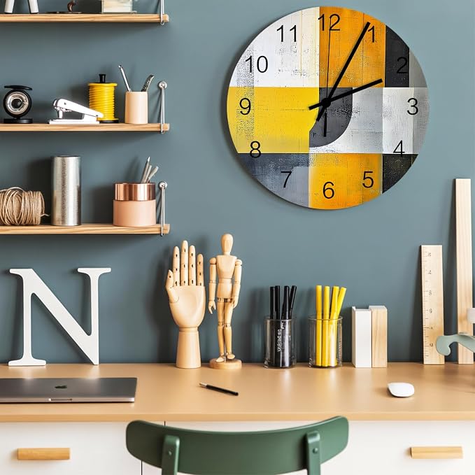 Abstract Style Wall Clock Battery Operated Non-Ticking 12" Round Wood Clocks, Gary Yellow Color Block Oil Painting Kitchen Wall Clock for School Bathroom Living Room Home Office Wall Decor
