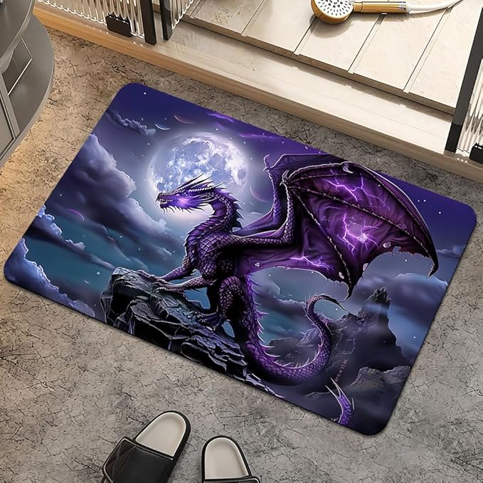 Bath Mat Rug,Majestic Purple Dragon Non Slip Quick Dry Super Absorbent Thin Bathroom Rugs Fit Under Door-Easy to Clean Bathroom Floor Mats-Shower Rug for Shower Sink Bathtub(16" x 24"in)