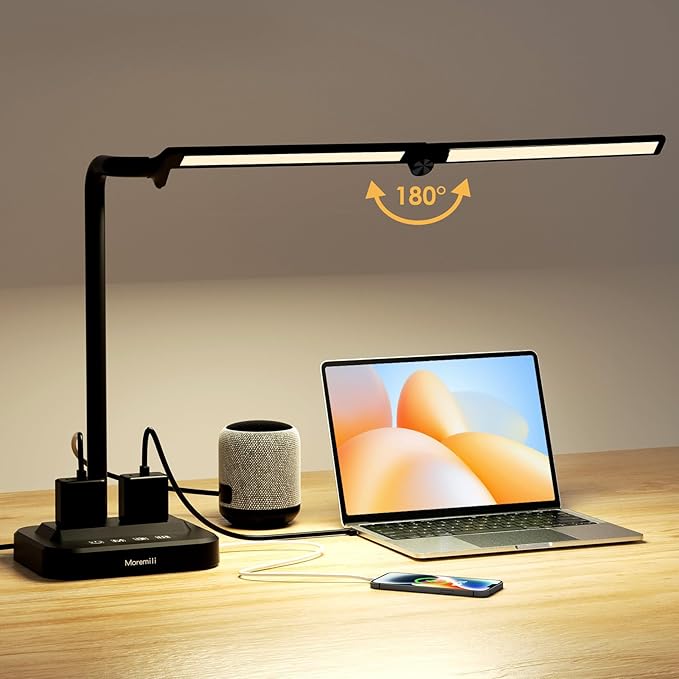 Adjustable LED Desk Lamp for Home Office | Integrated Power Hub with 2 Wide-Spaced AC Outlets, USB-C & USB-A Charging Ports | Anti-Glare Light, Foldable Design & Surge Protection