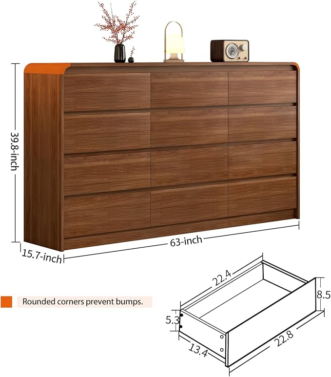 Modern 12-Drawer Dresser 63-Inch Wide, Curved Anti-Collision Design, Mid-Century Storage Cabinet with Pre-Embedded Slots, Sturdy Reusable, Ideal for Bedroom/Living Room/TV (Brown, 12-63)