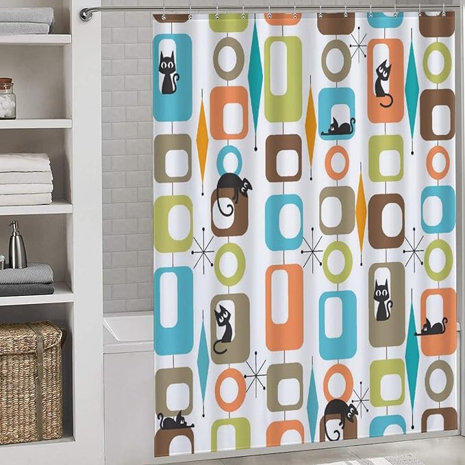 Mid Century Modern Shower Curtain, Retro Geometric Atomic Abstract Cat Pattern Middle Century 1950s 1960s Orange Waterproof Fabric Bathroom Shower Curtain Set with Hooks, 72"x72" Inch