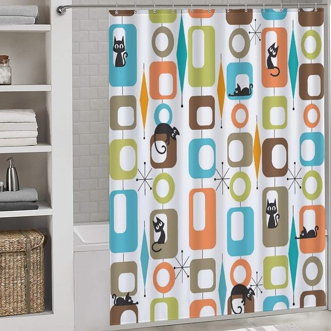 Mid Century Modern Shower Curtain, Retro Geometric Atomic Abstract Cat Pattern Middle Century 1950s 1960s Orange Waterproof Fabric Bathroom Shower Curtain Set with Hooks, 72"x84" Inch