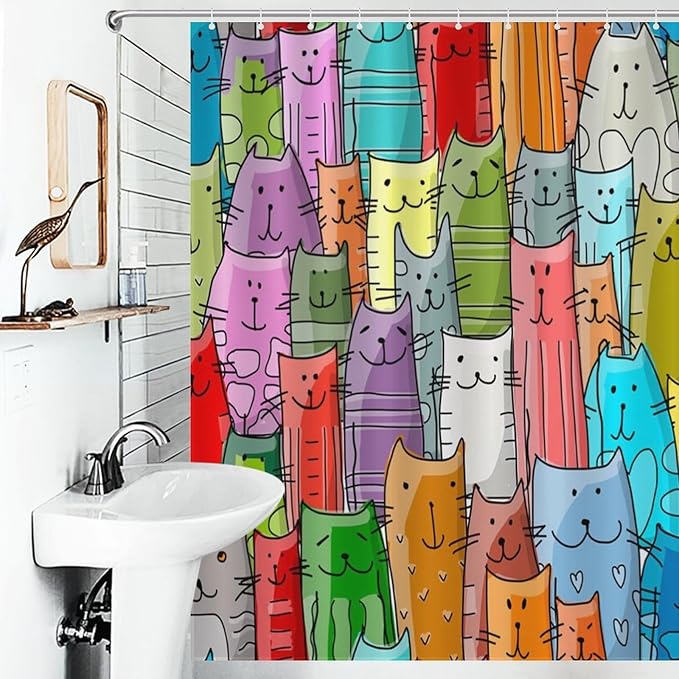 Cat Shower Curtain,Cartoon Cute Cat Pets Colorful Funny Animals Bathroom Curtain Polyester Waterproof Fabric Decor 66x72in（168x183cm）