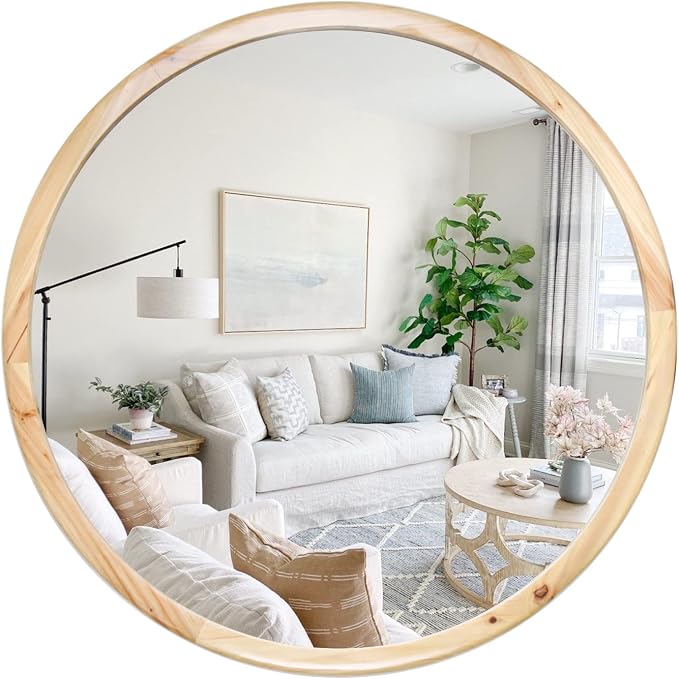 Round Wood Mirror,36 inch Circle Wooden Natural Large Farmhouse Vanity Boho Decor Wall Mirror for Bathroom Bedroom Living Room Hallway