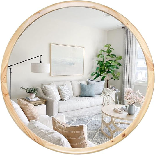 Round Wood Mirror,36 inch Circle Wooden Natural Large Farmhouse Vanity Boho Decor Wall Mirror for Bathroom Bedroom Living Room Hallway