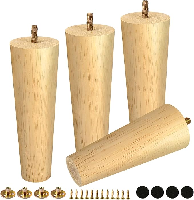 FoDau770 Rubber Wood Furniture Legs 7 Inches, Straight Tapered Wood Feet Mid Century Sofa Legs Set of 4, 5/16" UNC Furniture Feet Replacement Parts for Cabinet Couch Dresser Chair Ottoman Table