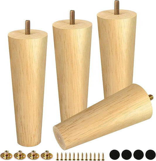 FoDau770 Rubber Wood Furniture Legs 7 Inches, Straight Tapered Wood Feet Mid Century Sofa Legs Set of 4, 5/16" UNC Furniture Feet Replacement Parts for Cabinet Couch Dresser Chair Ottoman Table
