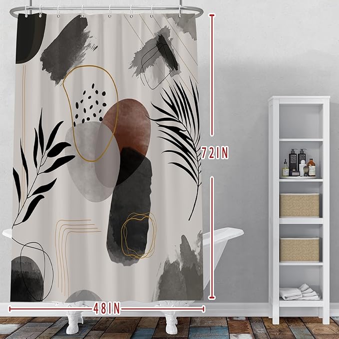 Baocicco Boho Shower Curtain Black Grey Plants Leaves Mid Century Modern Abstract Shower Curtains Decorative for Bathroom Waterproof Fabric Shower Curtain with Hooks 48x72 Inches