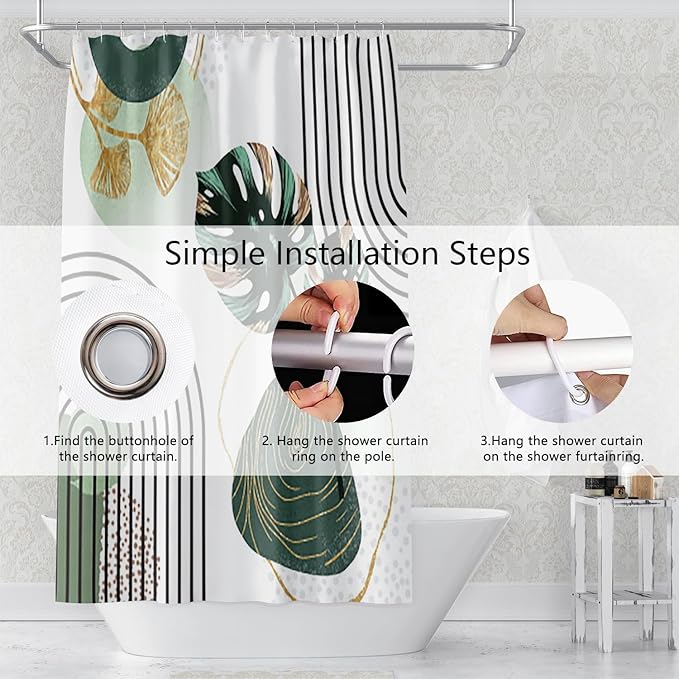 Mid Century Boho Shower Curtain Green Palm Gold Ginkgo Leaf Abstract Arch Decorative Bath Curtain 48x72 Inch Polyester Fabric Waterproof Aesthetics Bathroom Curtain with Hooks