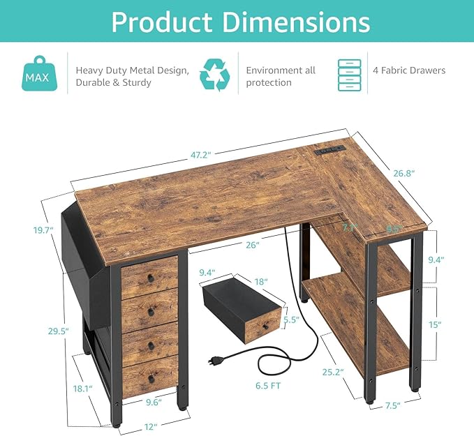 Lufeiya L Shaped Desk with Drawers & Storage Shelves, 47 Inch Small Reversible Corner Desk with Power Outlet for Home Office Bedroom, L-Shaped Gaming PC Computer Desks with Fabric Drawer, Rustic Brown