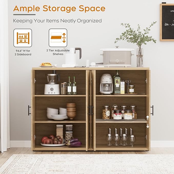 Yechen Accent Fluted Sideboard Buffet Cabinet with Storage and 4 Doors, Mordern Credenza Storage Cabinet with Adjustable Shelves, Media Console Table, for Living Room Dinning Entryway Kitchen/Oak
