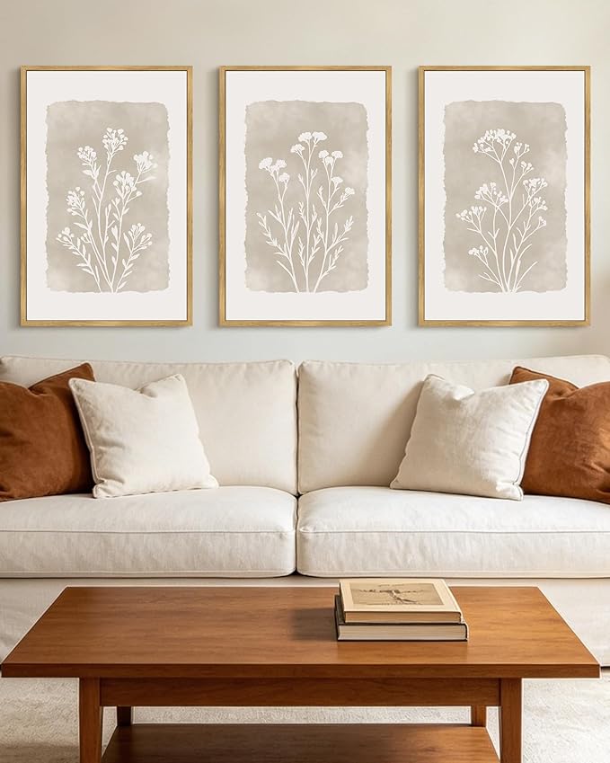 KUVIOKE Boho Botanical Flower Framed Wall Art Farmhouse Vintage Floral Wall Painting Rustic Wildflower Neutral Prints for Living Room Bedroom 16x24in (Natural Framed)