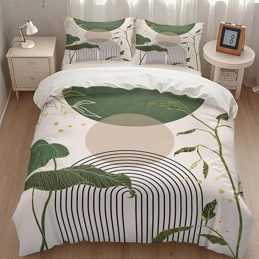 Boho Sage Green Comforter Set,Mid Century Tropical Plant Palm Leaves Abstract Minimalist Geometic Modern Bedding Set with Pillowcase for Bedroom Bed Decor,Queen 90"x90"