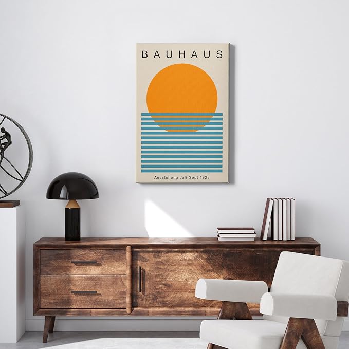 Bauhaus Canvas Wall Art Sunrise Sunset Pictures Boho Sun Artwork Mid Century Modern Painting Geometric Gallery Wall Art Bauhaus Exhibition Poster Abstract Minimalist Prints 16x24inch Wood Framed