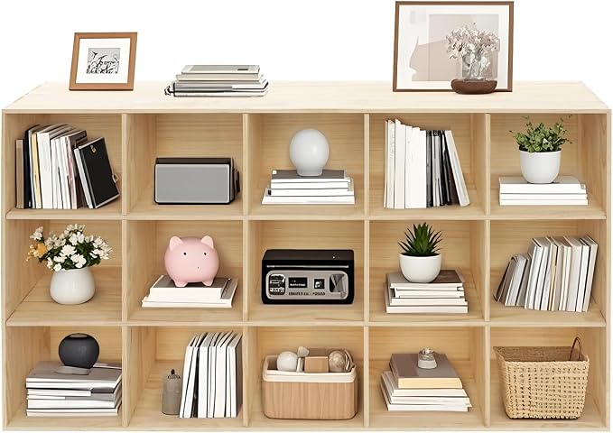 15-Cube Storage Organizer Solid Wood Cube Shelf with Deep Compartments, 220 lbs Capacity Wooden Cubby Bookcase for Living Room, Office, Dorm (15 Cube)