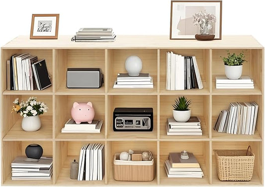 15-Cube Storage Organizer Solid Wood Cube Shelf with Deep Compartments, 220 lbs Capacity Wooden Cubby Bookcase for Living Room, Office, Dorm (15 Cube)