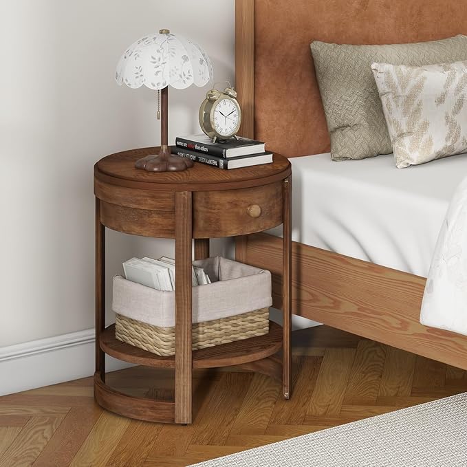 Giantex Round Side Tables Set of 2, 2-Tier Retro End Tables with Drawer & Shelf, Wooden Accent Tables with Antique Wood Grain Finish, Vintage Nightstands for Living Room Bedroom, Walnut