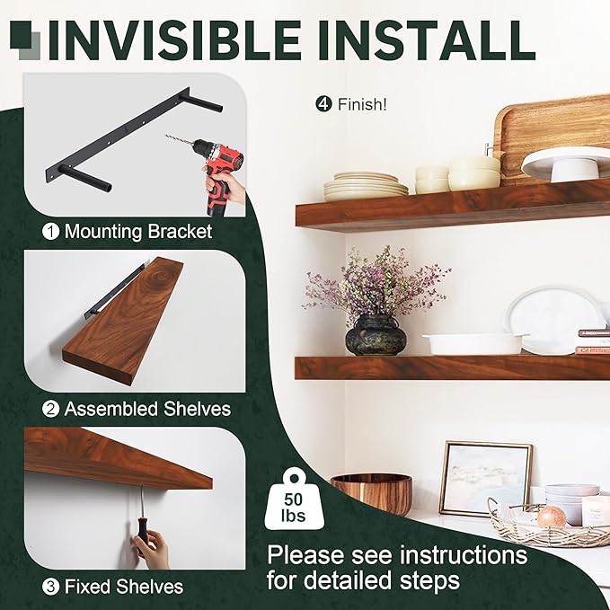 Walnut Wood Floating Shelves for Wall Mount, Thicker and Wider Sturdy Wood Shelf for Bedroom, Bathroom Kitchen and Living Room Decor,36 x 6 x 1.5 inche, Set of 2 (Walnut, 36")