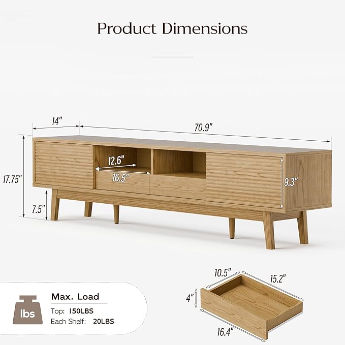 TOLEAD 70" TV Console, Mid Century Modern Media Console for 55/65/75 Inch TV, Low Profile TV Stand with Fluted Sliding Doors, Boho Light Wood Credenza for Living Room, Oak