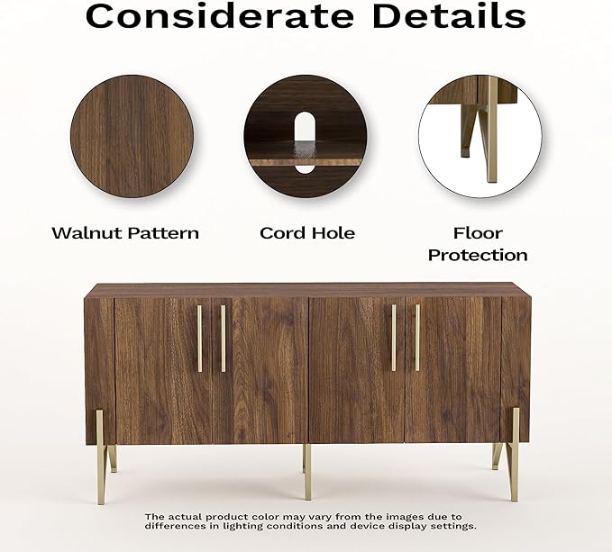 roomfitters Walnut Mid Century Modern TV Stand for TVs up to 65", Sideboard Buffet Cabinet for Living Room, Walnut Entertainment Center with Doors, Credenza Media Console with Storage, Gold Legs…