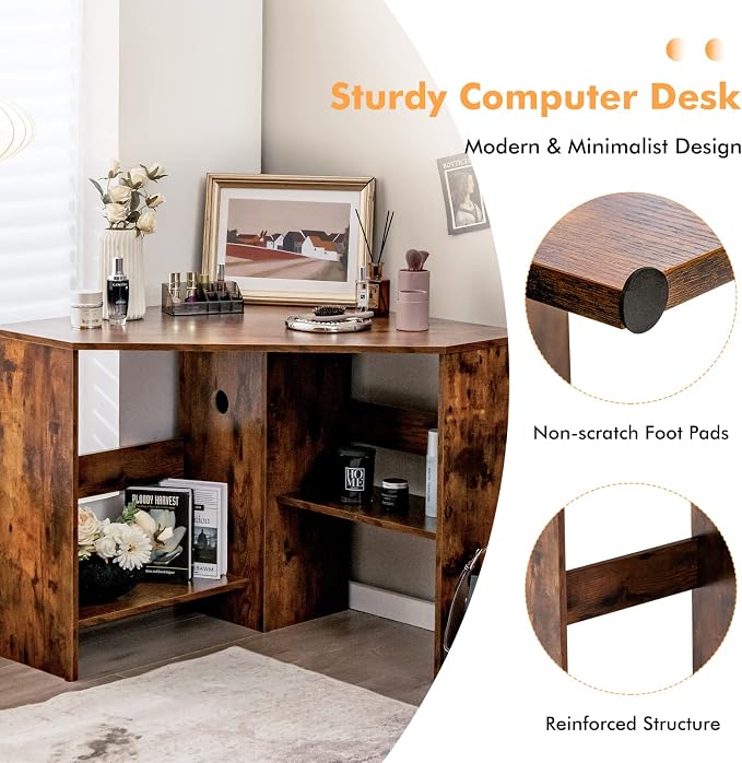LDAILY Corner Desk, Space Saving 90 Degree Triangle Computer Desk with Storage Shelves & Cable Holes, Wood Compact Corner Writing Table for Small Spaces, Home Office, Bedroom & Living Room, Coffee