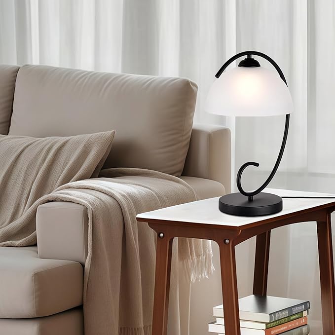 Modern Table Lamp for Bedroom, 17.5" Tall Plug-in Bedside Lamp with Frosted Glass Dome Shade, Sand Black Metal Base, E26 Socket, Corded with Switch – Perfect Nightstand & Desk Lamp (No Bulb)