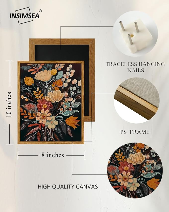 InSimSea Vintage Floral Framed Wall Art,Classic Retro Canvas Art, Colorful Botanical Decor for Living Room, Bedroom, Bathroom, Kitchen8x10in