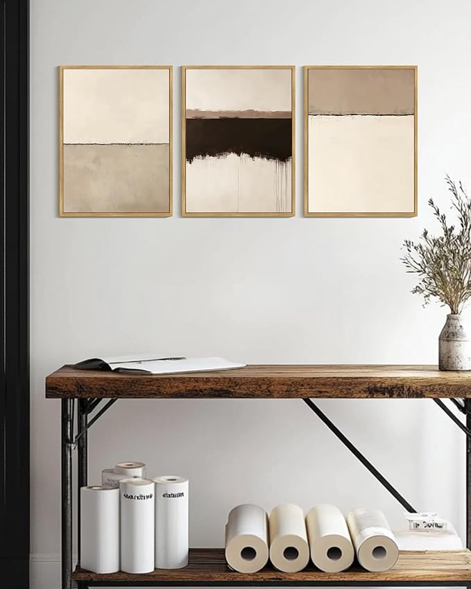 KUVIOKE Abstract Framed Canvas Wall Art Minimalist Beige Gray Pastel Watercolor Wall Decor Modern Illustration Neutral Art Painting for Bedroom Dining Room 12x16in (Natural Framed)