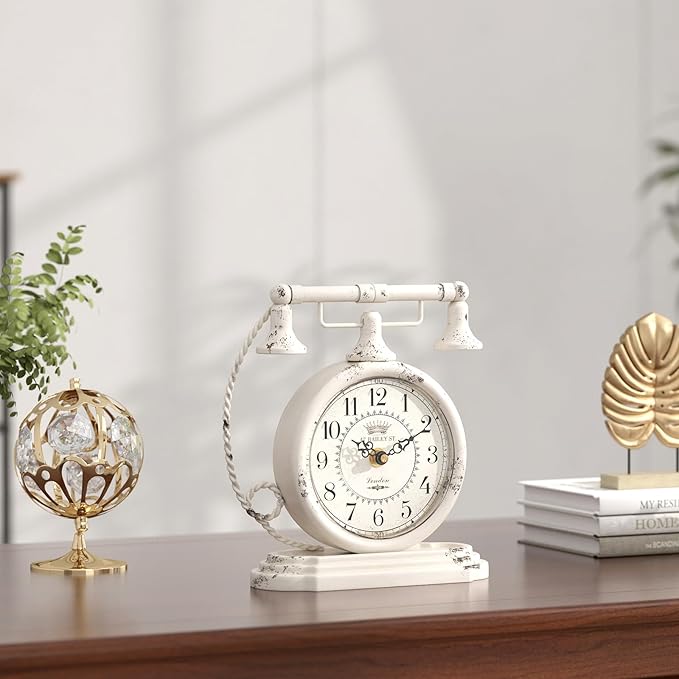 Vintage Table Clock, Desk and Shelf Decor Clock, White Antique Telephone Style Mantel Clocks, for Living Room, Farmhouse, Bedroom, Bedside, Gift (7.3" H x 7.3" W)