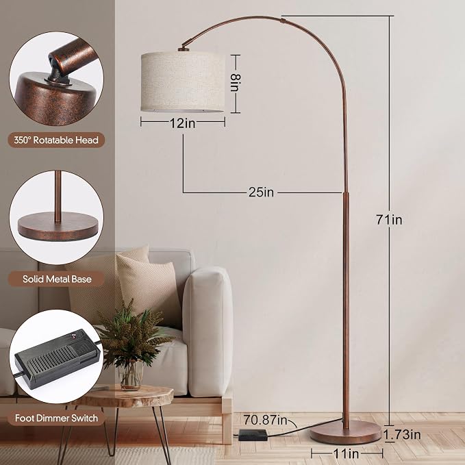 Dimmable Arc Floor Lamps for Living Room, Mid Century Floor Lamp, Antique Bronze Standing Lamp with Adjustable Hanging Shade, Tall Pole Lamp Reading Light for Bedroom, Over Couch, 9W LED Bulb Included