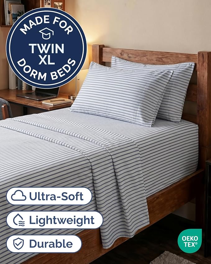 Extra Deep Twin XL Sheet Set - 4 Piece College Dorm Bed Sheets Set with Extra Deep Pockets - Ultra-Soft, Comfy & Breathable Bedding for Women, Men, Kids & Teens - Wrinkle & Fade Free - Blue Stripes 2