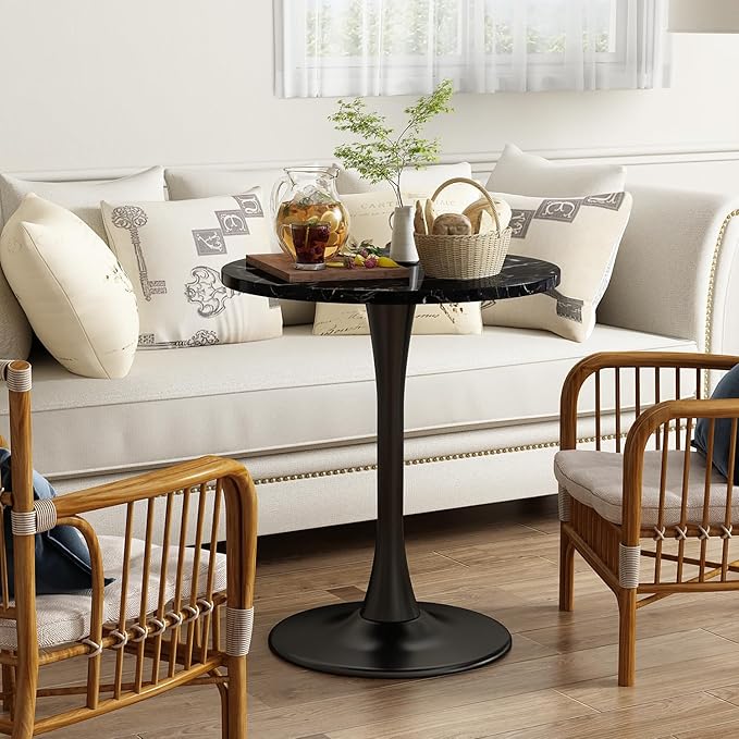 Black Marble Round Dining Table 24" Circle Tulip Table with Thickened Tabletop & Sturdy Metal Pedestal Mid Century Modern Leisure Bistro Kitchen Tables 2 People Small Places Living Room Cafe