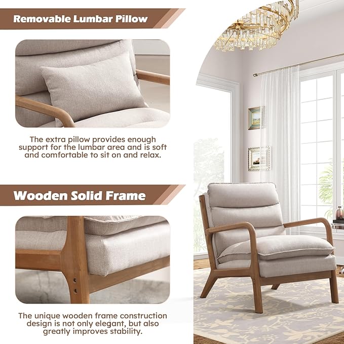 Mid Century Modern Accent Chair, Upholstered Lounge Armchair with Plump Back Pillow, Comfy Reading Chair with Solid Wood Frame for Bedroom Living Room Set of 2, Beige