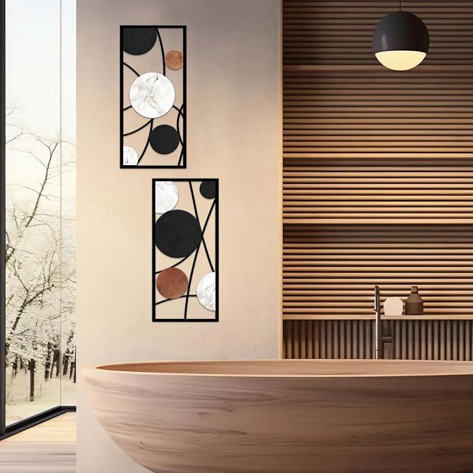 ruelen 2 Pieces Metal Wall Art，Abstract Geometric Circle Decor with Marble Texture, Modern Minimalist Black White Brown Wall Sculpture for Living Room，Bedroom，Office
