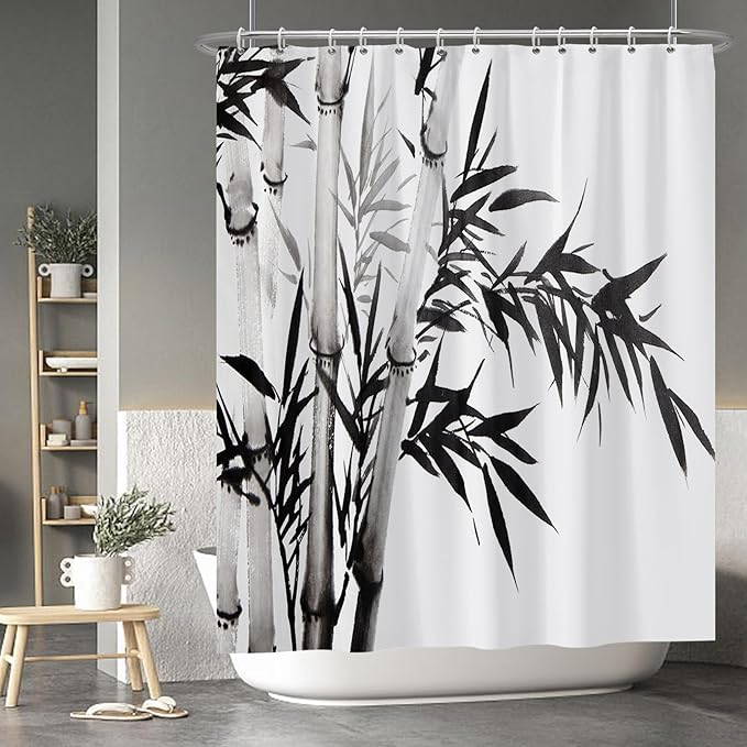 Baocicco Black White Bamboo Shower Curtain Chinese Ink Painting Plant Art Aesthetic Shower Curtains Decorative for Bathroom Waterproof Fabric Shower Curtain with Hooks 60x72 Inches