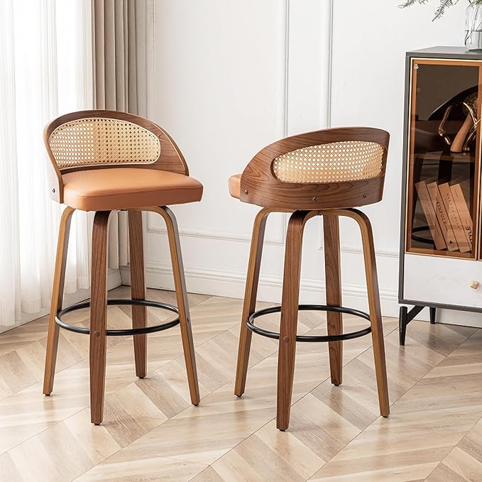 30" Swivel Rattan Bar Stools Set of 3 Mid-Century Modern Faux Leather Upholstered Bar Height Stools Kitchen Island Barstool with Rattan Low Backrest,Walnut Wood Finish Bar Chairs,Orange PU