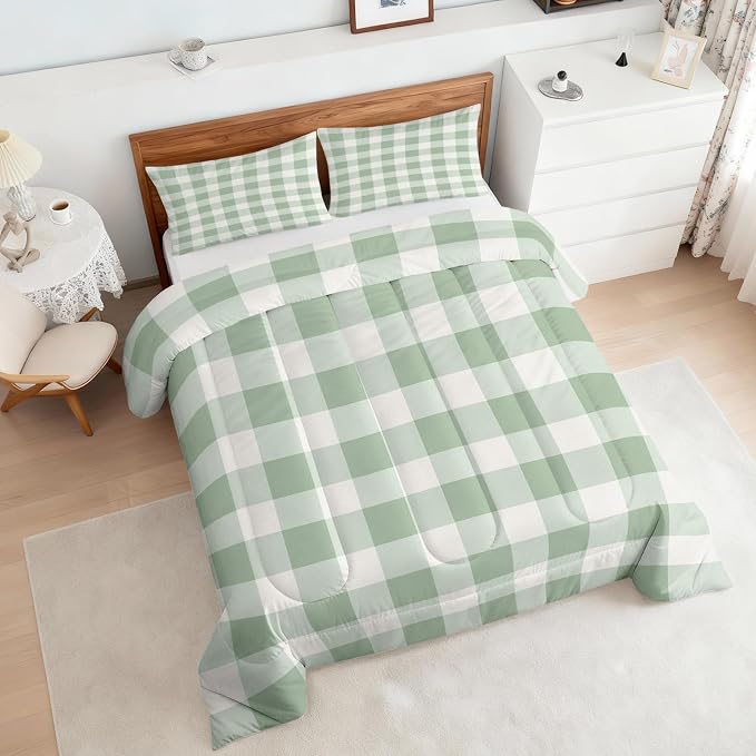Farmhouse Plaid King Size Comforter Sets 3 Piece, Green Buffalo Check Printed Pattern, Soft All Season Bed Comforter & 2 Pillow Sham, Checkered Bedroom Decor Reversible Bedding D-GM20