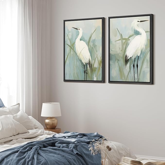 MUDECOR Framed Canvas Print Wall Art White Heron Pair in Marsh Coastal Illustrations Modern Art Decorative Bohemian Colorful for Living Room, Bedroom, Office - 16"x24"x2 Black